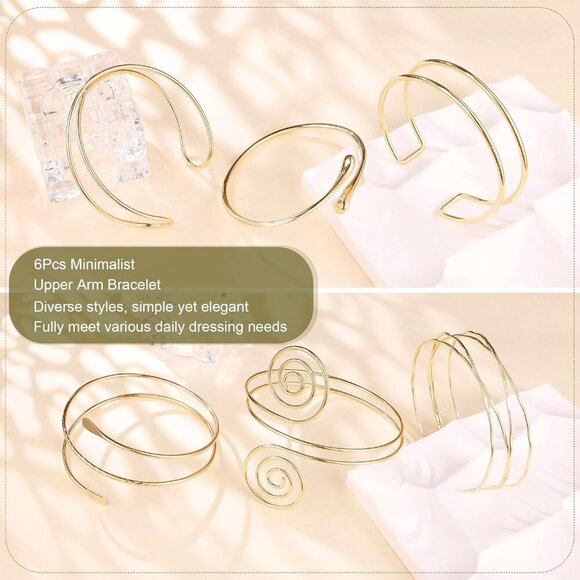 6Pcs Boho Coil Arm Cuff Bangle Set - Adjustable Minimalist Open Arm Cuff Armlet - Picture 3 of 6